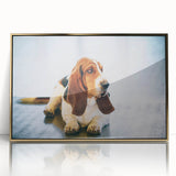 Framed wall art showcasing a Basset Hound design in acrylic with a gold frame, ideal for dog lovers and home decor enthusiasts, capturing the breed's charm.