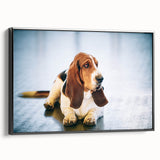 Framed canvas wall art featuring a Basset Hound design in a sleek black frame, showcasing the dog’s playful side profile against a light background, ideal for pet lovers.