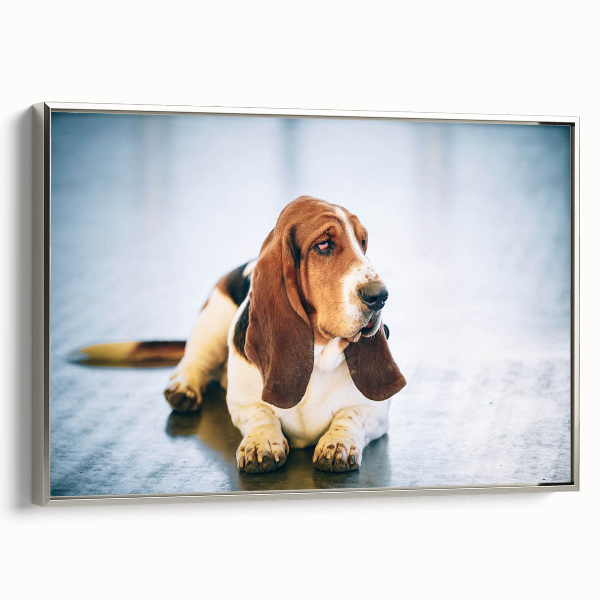 Framed wall art featuring a side view of a Basset Hound design on canvas, showcasing rich colors and intricate details, perfect for dog lovers' home decor.