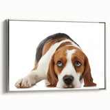 Framed canvas wall art featuring a stylish Beagle design, showcasing a silver frame and a side view of the dog, perfect for pet lovers' home decor.
