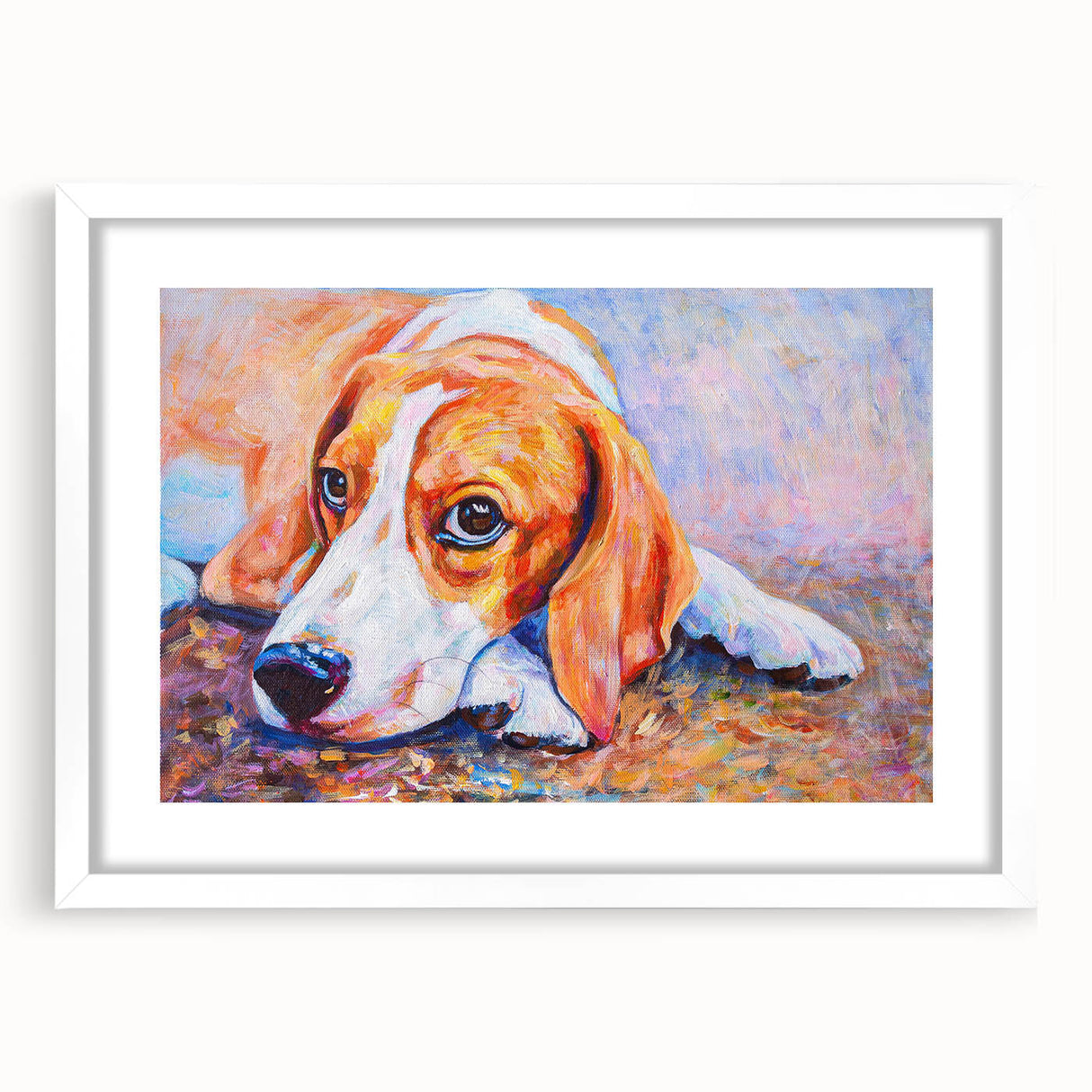 Framed wall art featuring a beagle design in a modern aesthetic, showcasing vibrant colors and a white mat, perfect for dog lovers' home decor.