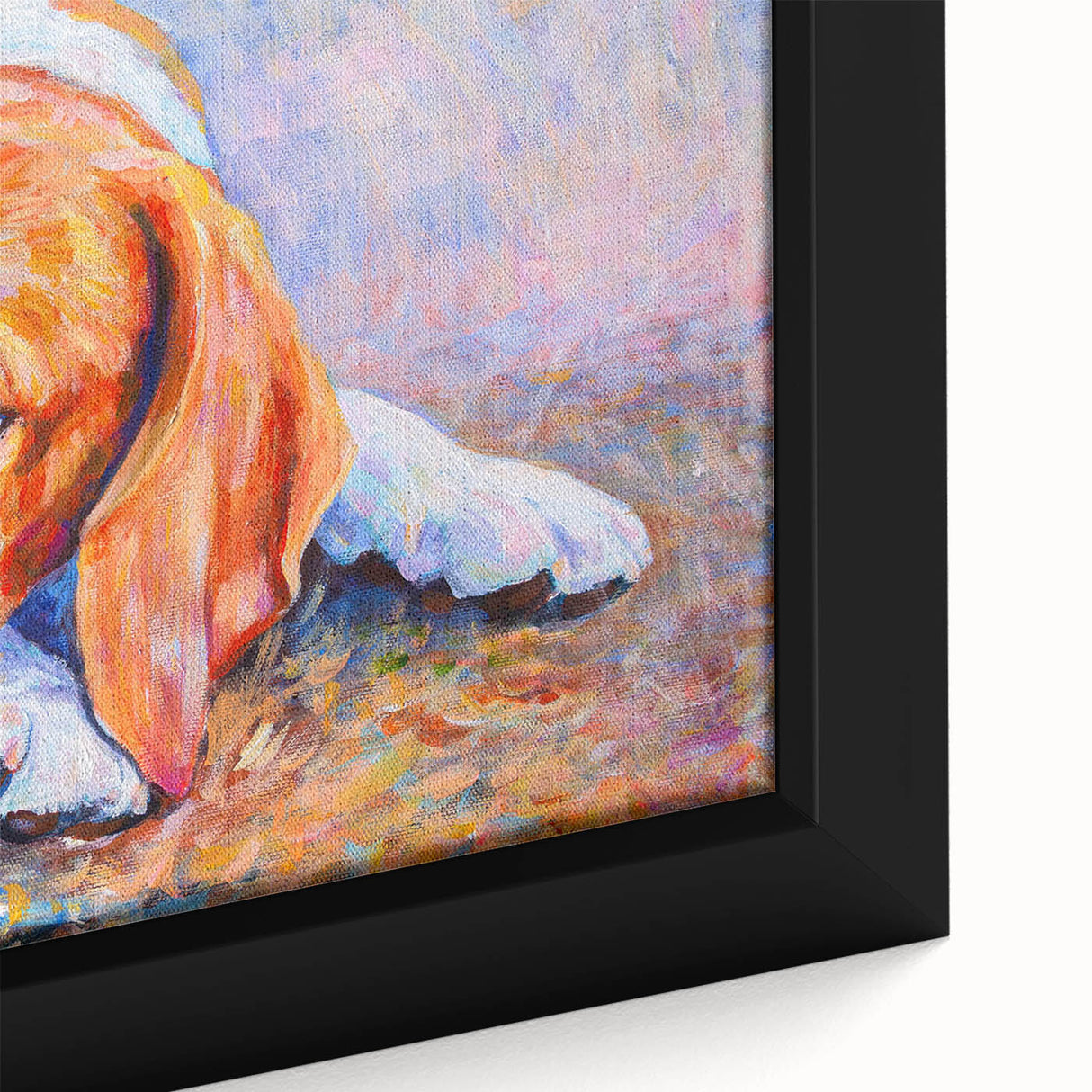 Close-up of a framed canvas wall art featuring a Beagle dog design, showcasing vibrant colors and intricate details, ideal for pet lovers' home decor.