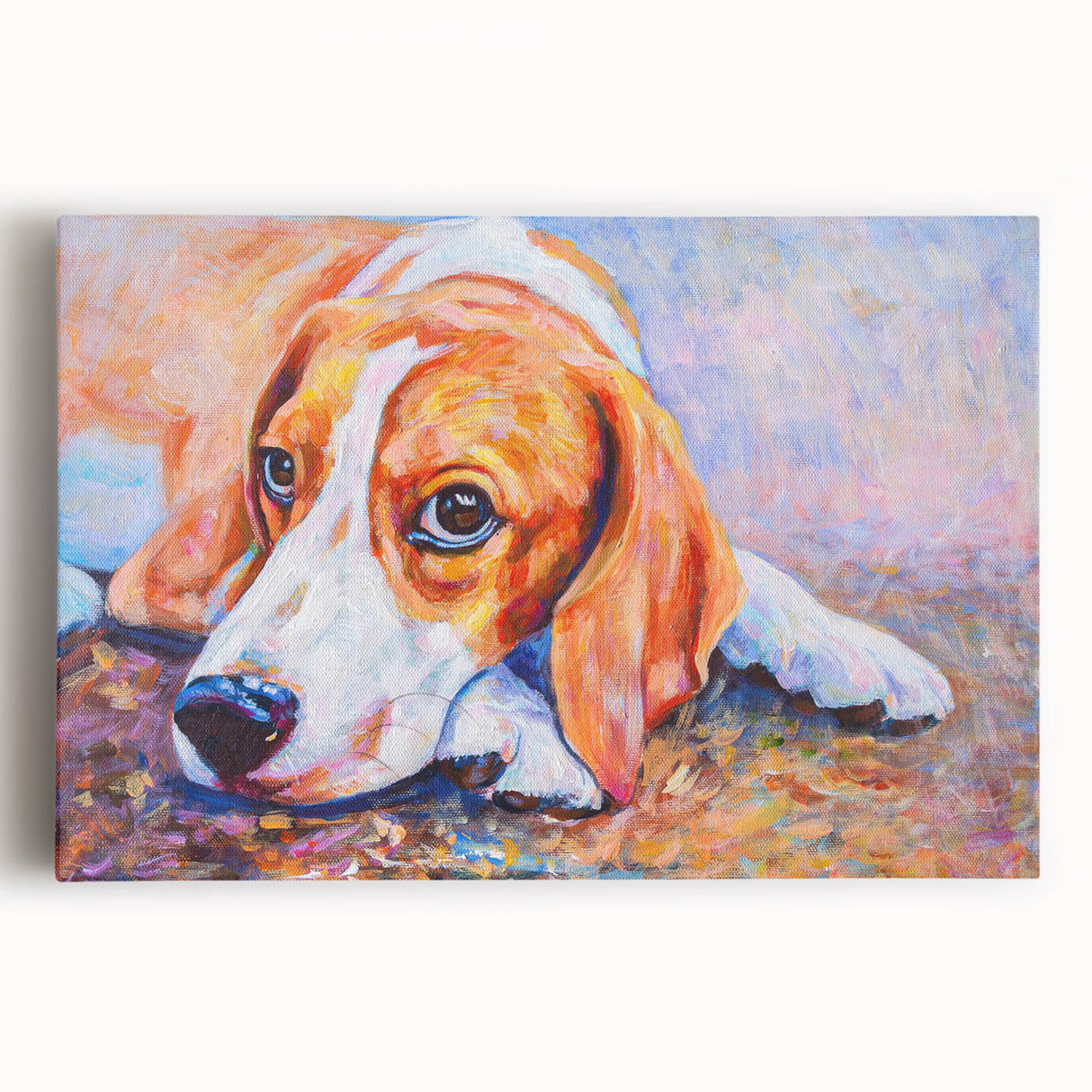 Beagle-themed stretched canvas wall art showcasing a vibrant, detailed illustration of a beagle on a neutral background, perfect for pet lovers' home decor.