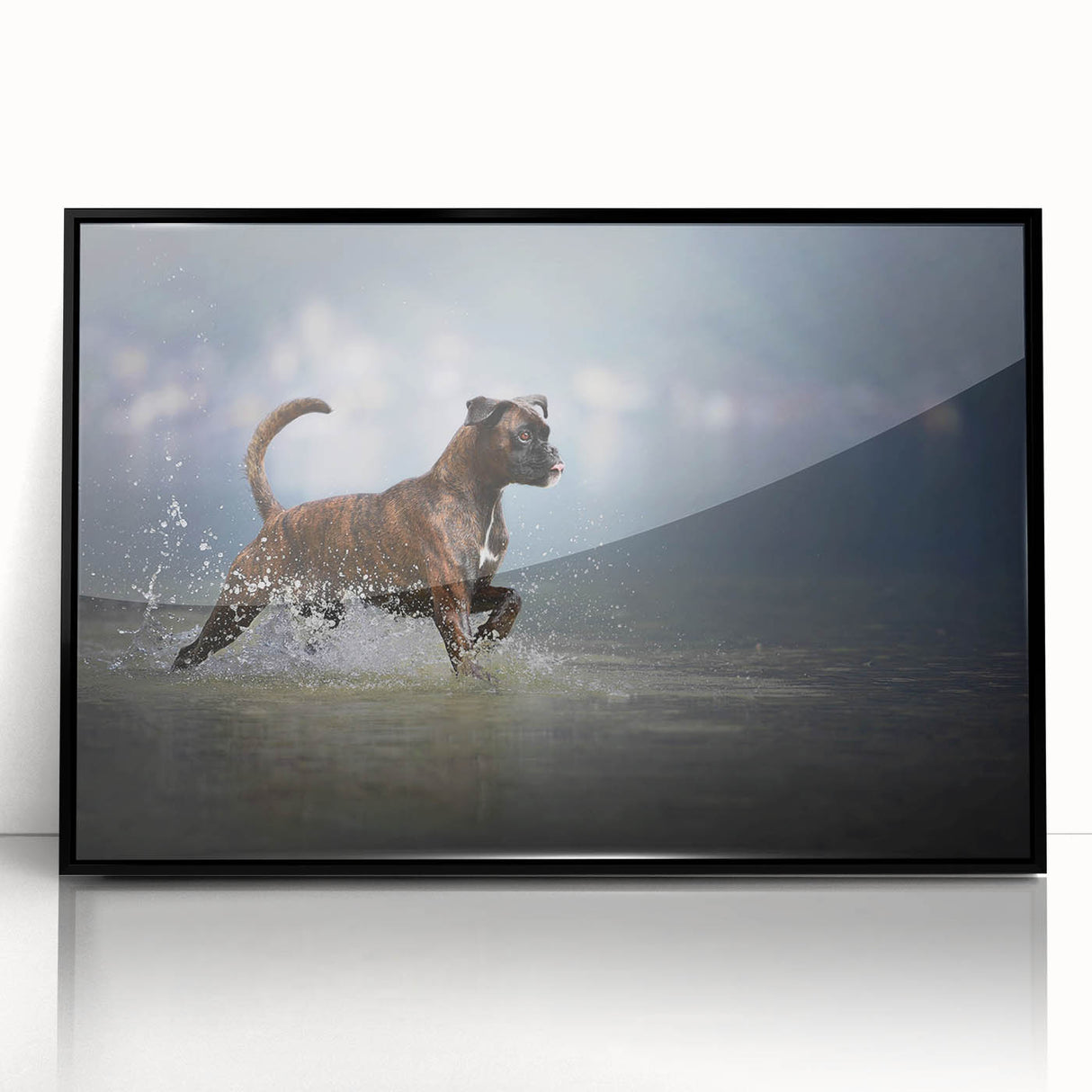 Framed wall art featuring a vibrant boxer dog design in black acrylic, showcasing detailed fur textures and a striking front view, ideal for dog lovers and home decor.