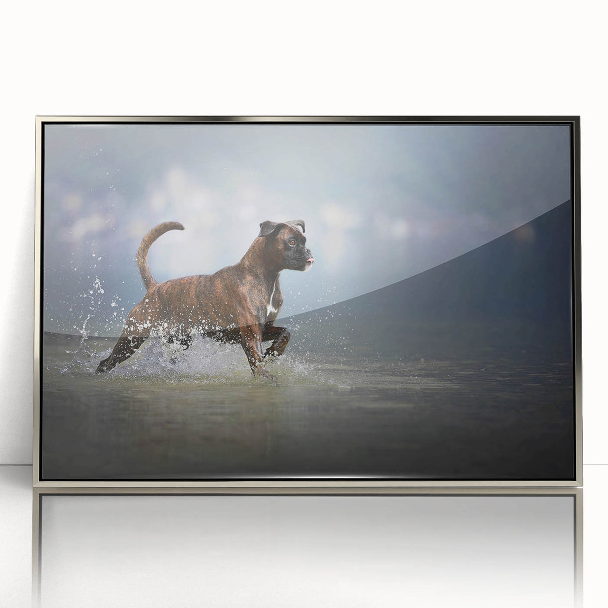 Framed acrylic wall art featuring a striking boxer dog design in silver tones, showcasing intricate details and vibrant colors, perfect for dog lovers' decor.