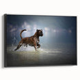 Framed canvas wall art featuring a striking black and white boxer dog design, showcasing detailed fur textures and a sleek side view, perfect for dog lovers' home decor.