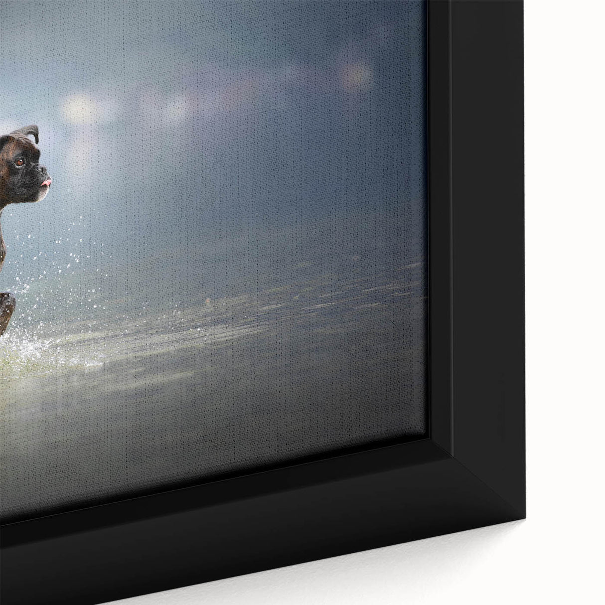 Close-up of a framed canvas wall art featuring a vibrant boxer dog design, showcasing intricate details and bold colors, perfect for pet lovers' home decor.