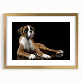 Framed wall art featuring a stylish boxer dog design with a gold mat, showcasing intricate details and a modern aesthetic, perfect for pet lovers' home decor.