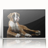 Framed wall art featuring a stylish boxer dog design in an acrylic finish, showcasing vibrant colors against a white background, perfect for pet lovers' decor.