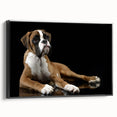 Framed canvas wall art depicting a striking black and white boxer dog design, showcasing its profile against a minimalist background, perfect for dog lovers' decor.