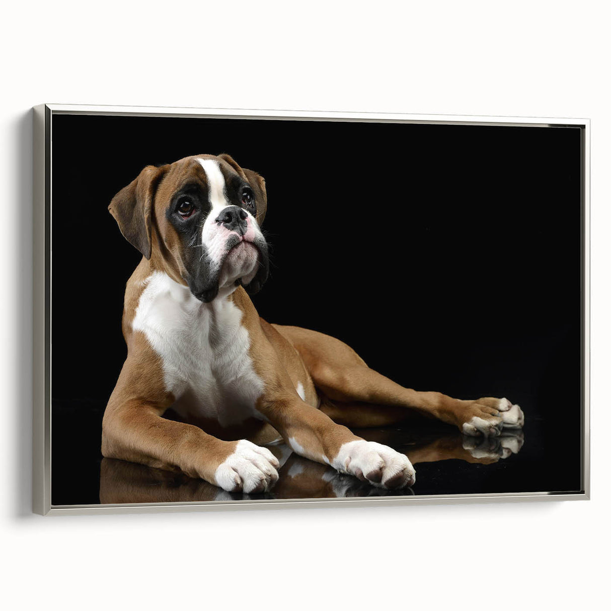 Framed wall art showcasing a stylish silver side view of a boxer dog design in a modern home setting, perfect for dog lovers and contemporary decor.