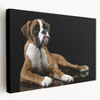 Boxer dog wall art design on stretched canvas in vibrant colors, showcasing a playful side view. Perfect for dog lovers and home decor enthusiasts.
