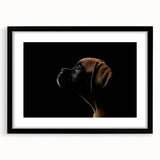 Black-framed wall art print featuring an elegant design of a boxer dog, showcasing its expressive eyes and playful stance, perfect for pet lovers and home decor.