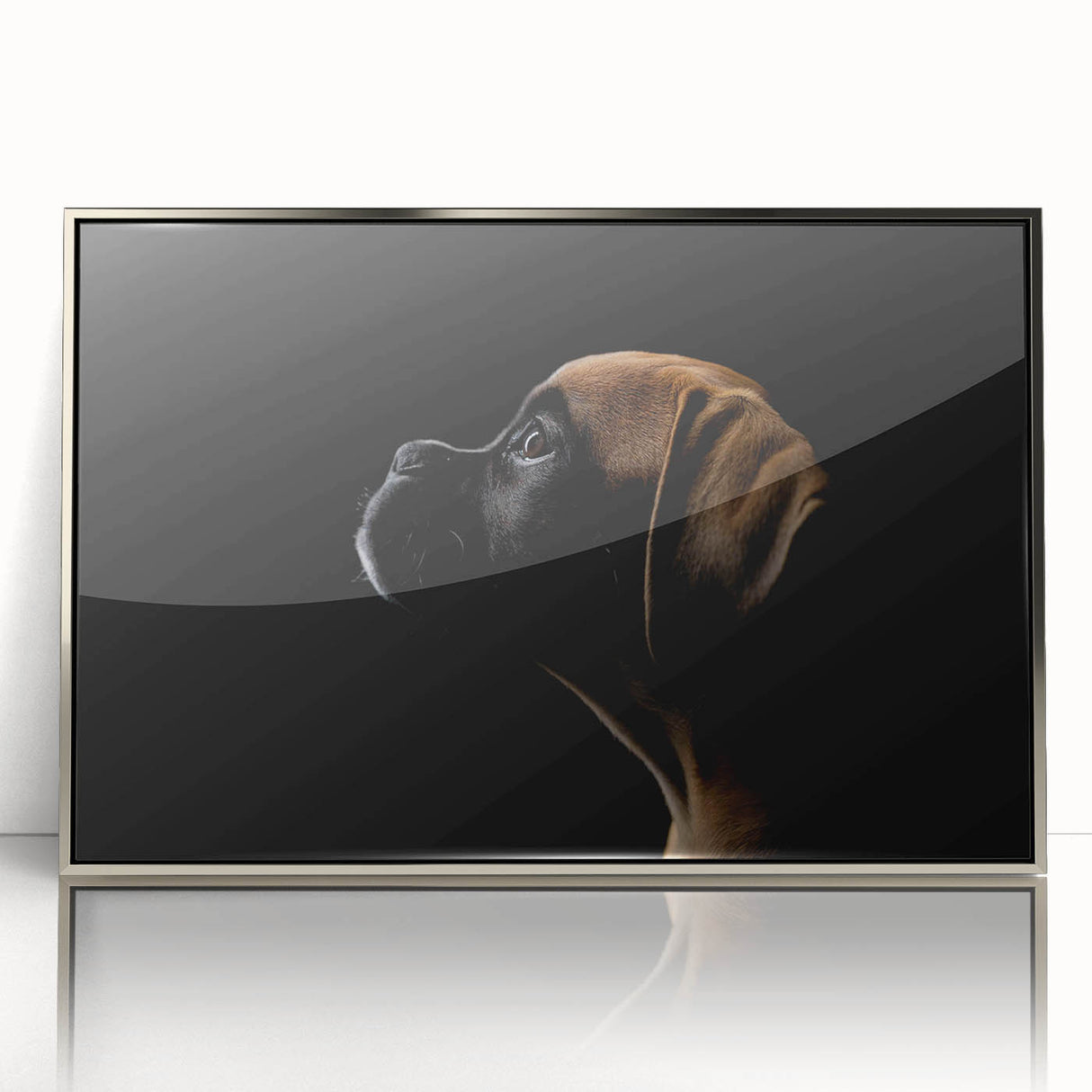Framed wall art showcasing a striking boxer dog design in silver acrylic, highlighting the dog's expressive features against a modern background, perfect for pet lovers.