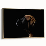 Framed canvas wall art featuring a stylish boxer dog design in gold tones, displayed from the side to showcase its elegant frame and artistic details.
