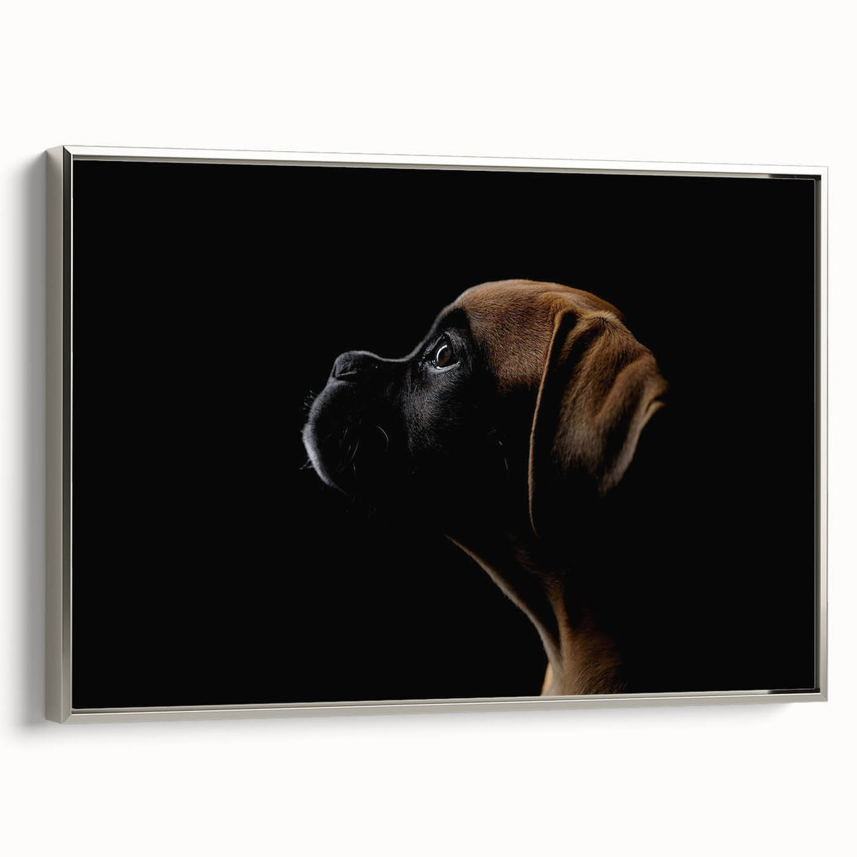 Framed wall art featuring a silver-accented design of a boxer dog in profile view, showcasing vibrant colors and intricate details, perfect for pet lovers' decor.