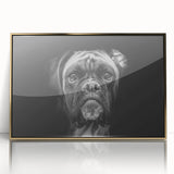 Framed wall art featuring a striking boxer dog design in gold and black acrylic, showcasing the dog's expressive features and vibrant colors, perfect for pet lovers.