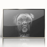 Framed wall art featuring a stylish boxer dog design in silver acrylic, showcasing a modern aesthetic perfect for dog lovers and home decor.