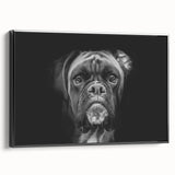Boxer dog wall art collection displayed in a black-framed canvas, showcasing a side view of the vibrant design, perfect for pet lovers' home decor.