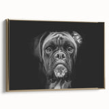 Framed wall art featuring a stylish gold-accented design of a boxer dog, showcasing its muscular build and playful expression, perfect for dog lovers and home decor.