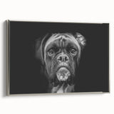 Framed wall art featuring a sleek silver design of a boxer dog in profile, showcasing intricate detailing and vibrant colors, ideal for pet lovers' decor.