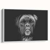 Framed wall art canvas showcasing a stylish boxer dog design, featuring a white background and vibrant colors, perfect for pet lovers' home decor.