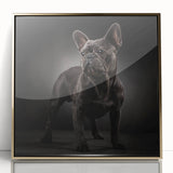 Framed wall art featuring a stylish bulldog design with a gold-acrylic finish, ideal for pet lovers and modern home decor, displayed against a neutral background.