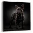 Framed canvas wall art featuring a stylish black bulldog design, showcasing a side profile with intricate details and bold colors, perfect for pet lovers' decor.
