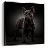 Framed canvas wall art featuring a stylish black bulldog design, showcasing a side profile with intricate details and bold colors, perfect for pet lovers' decor.