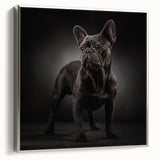 Framed wall art featuring a stylish bulldog design on canvas, displayed in a sleek silver frame, showcasing a side view with a modern aesthetic. Perfect for pet lovers.