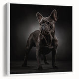 Framed canvas wall art showcasing a stylish bulldog design in a modern aesthetic. The artwork features a white background with a side view of the bulldog, perfect for pet lovers and home decor enthusiasts. Ideal for adding a playful touch to living spaces.