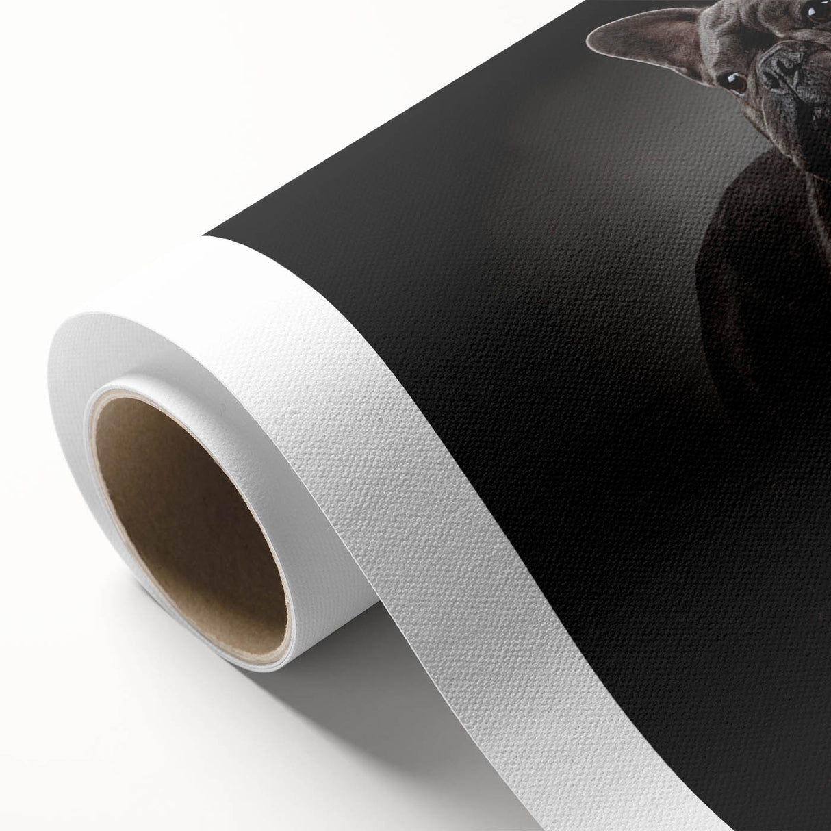 Rolled canvas wall art featuring a playful bulldog design with vibrant colors, perfect for pet lovers' home decor, elegantly packaged in a protective tube.