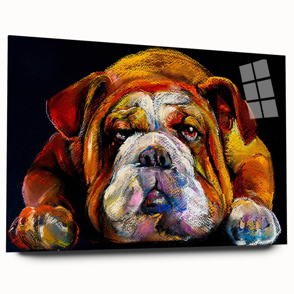 Side view of a stylish acrylic wall art piece showcasing a bulldog design, featuring vibrant colors and intricate details, perfect for dog lovers' home decor.