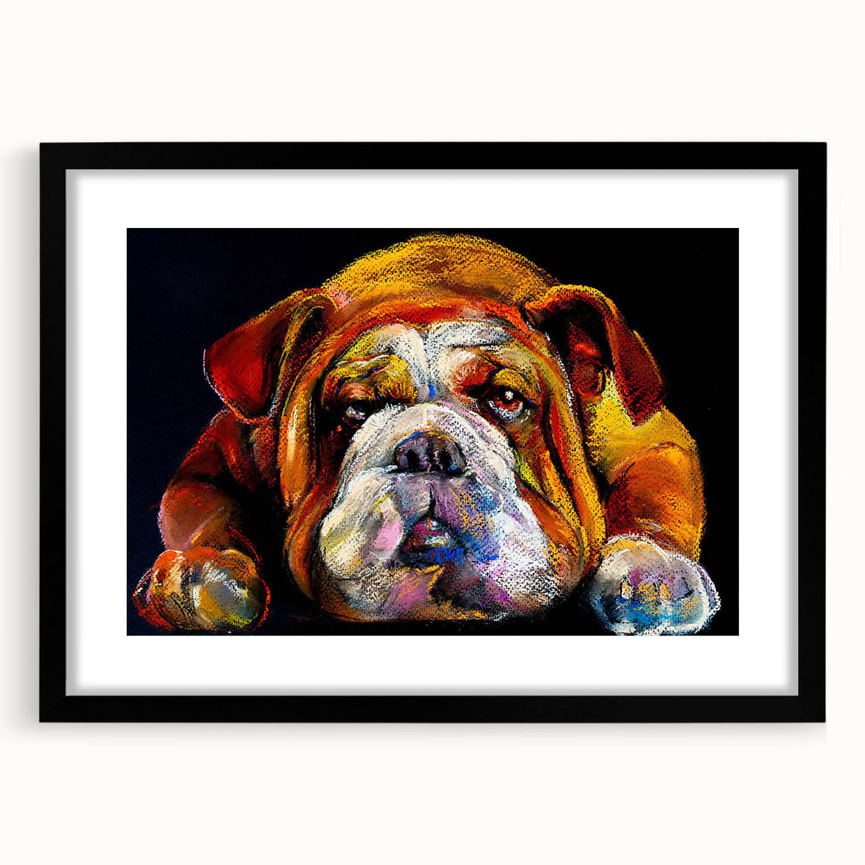 Framed wall art featuring a stylish bulldog design in a black frame with a mat, perfect for dog lovers’ home décor. Ideal for enhancing interior spaces.