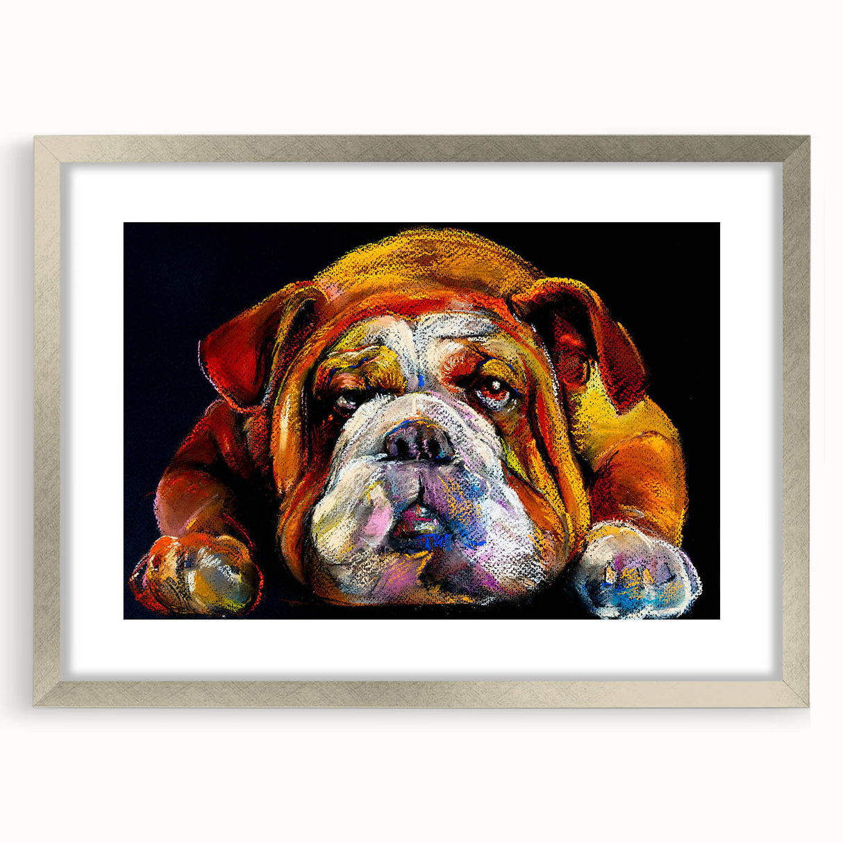 Framed wall art featuring a stylish bulldog design in silver frame with mat, showcasing a modern aesthetic perfect for dog lovers' home decor.