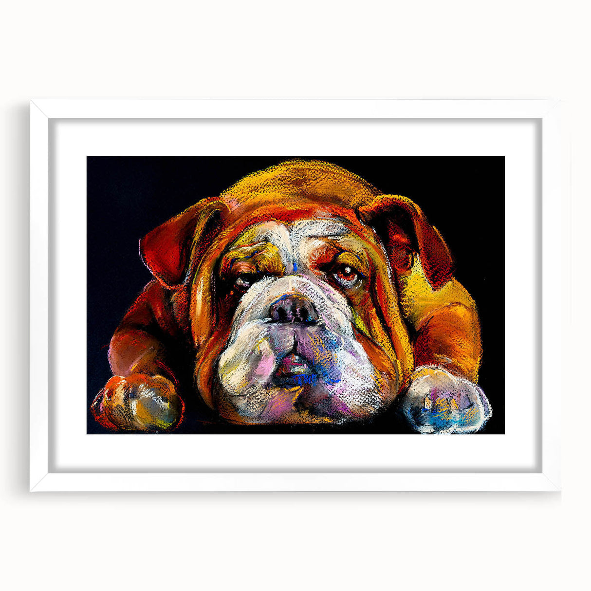 Framed wall art featuring a stylish bulldog design with a white mat, perfect for dog lovers' home decor. Ideal for adding a touch of charm and personality.