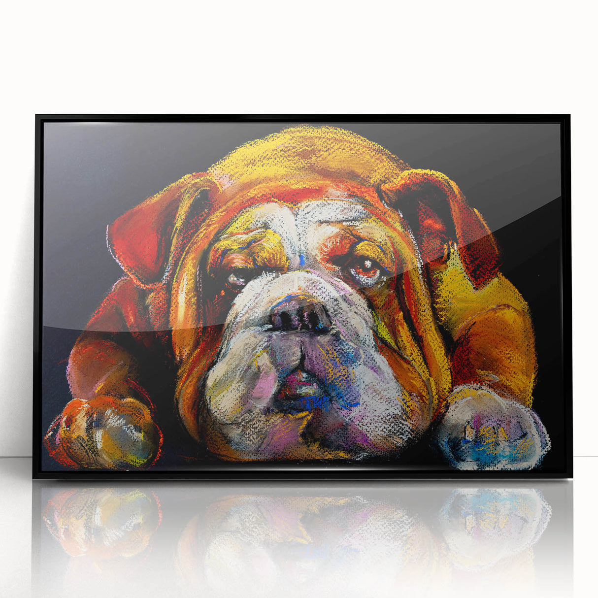 Framed wall art featuring a striking black bulldog design on acrylic, showcasing bold colors and modern aesthetics, perfect for dog lovers' home decor.