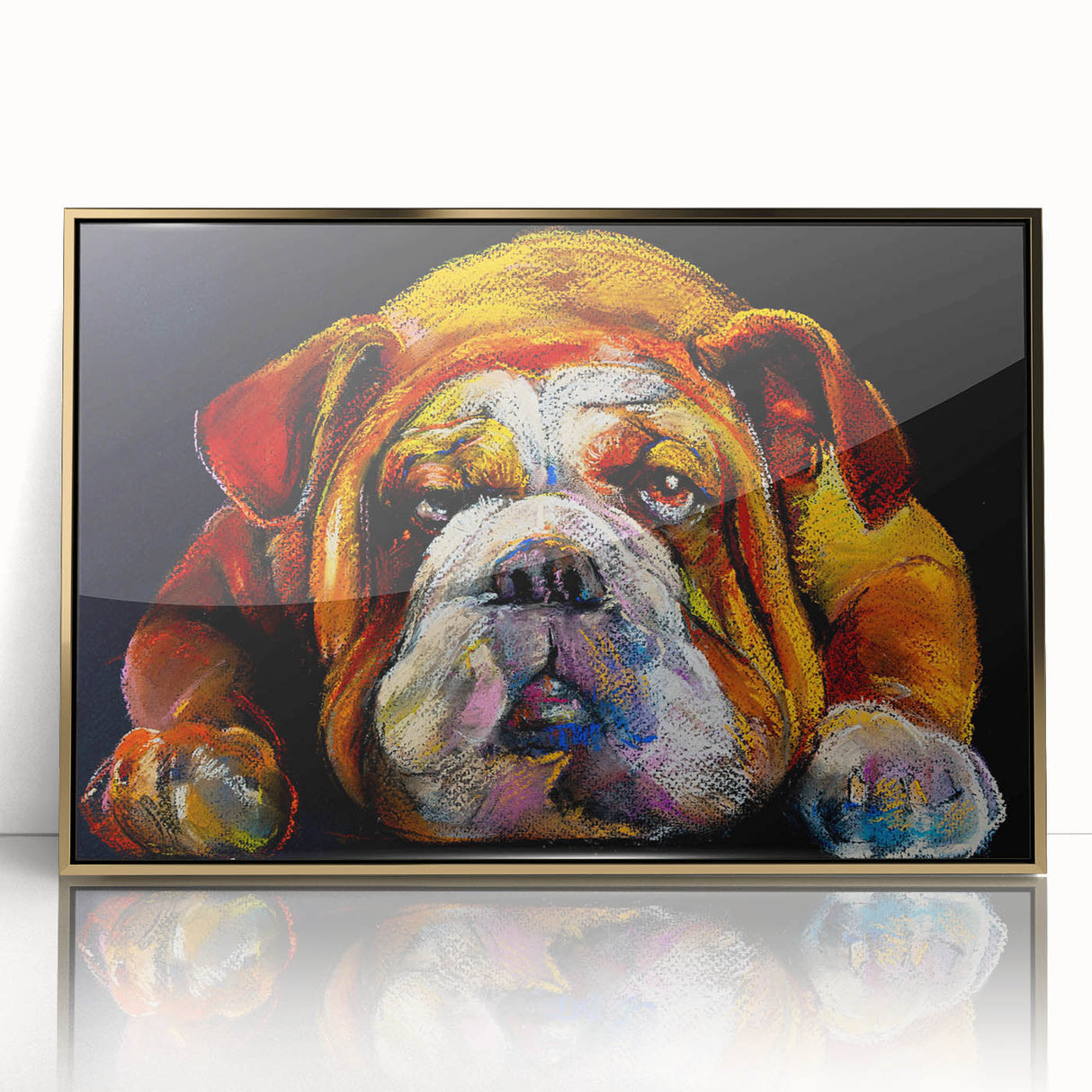 Framed wall art featuring a stylish bulldog design in a gold-accented frame, showcasing a playful and modern aesthetic perfect for pet lovers.
