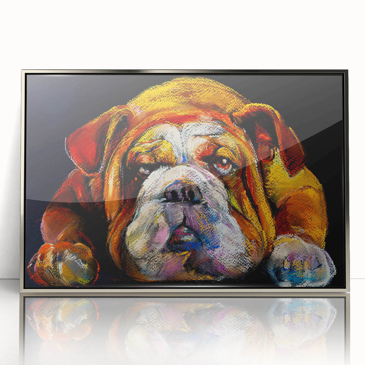 Framed wall art featuring a stylish bulldog design in a sleek silver frame, showcasing detailed illustrations and vibrant colors, perfect for dog lovers' decor.