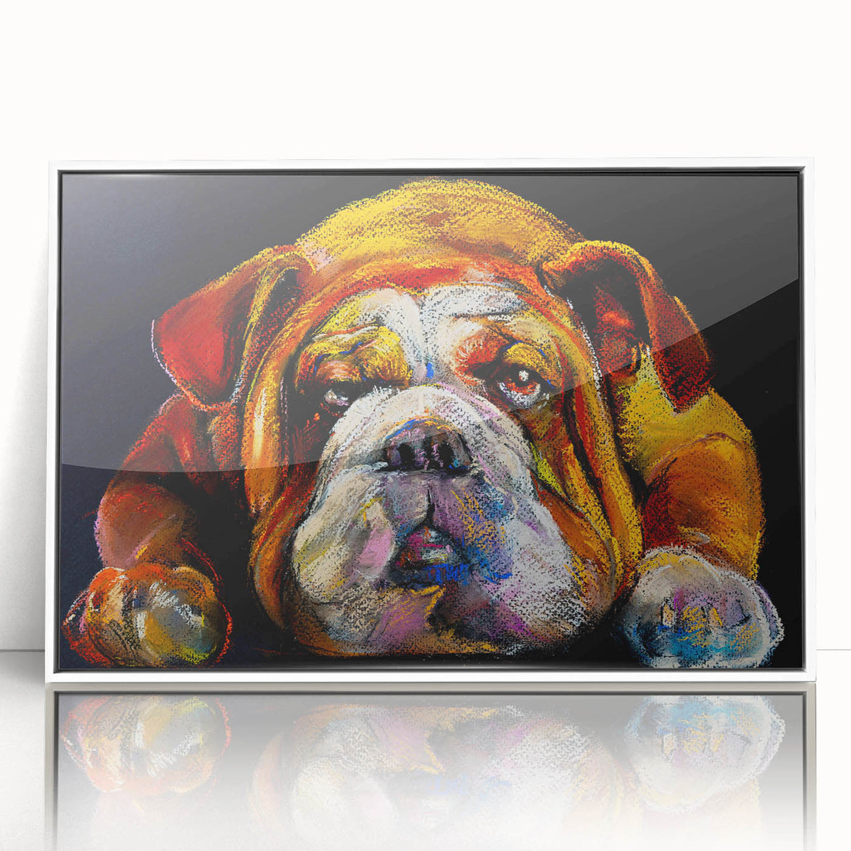 Framed wall art featuring a stylish bulldog design on a white background, showcasing modern pet decor ideal for dog lovers. Perfect for home or office decoration.