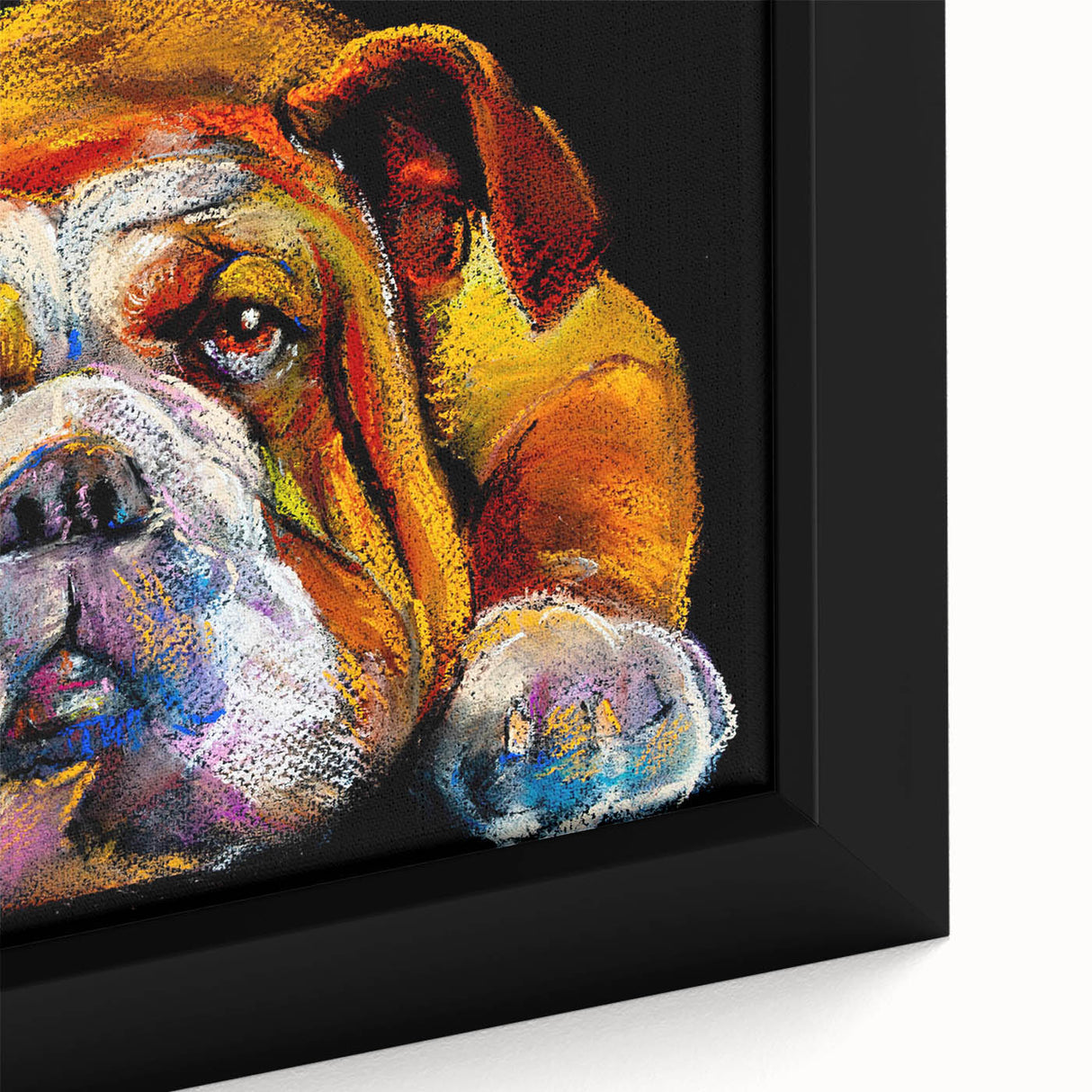 Close-up of a framed canvas wall art showcasing a detailed bulldog design, featuring rich colors and textures, perfect for dog lovers and home decor enthusiasts.
