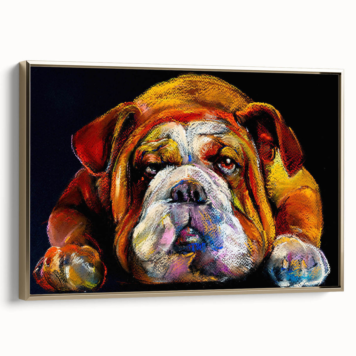 Framed wall art featuring a stylish bulldog design on canvas, showcasing a gold frame with a side view perspective, ideal for dog lovers' home decor.