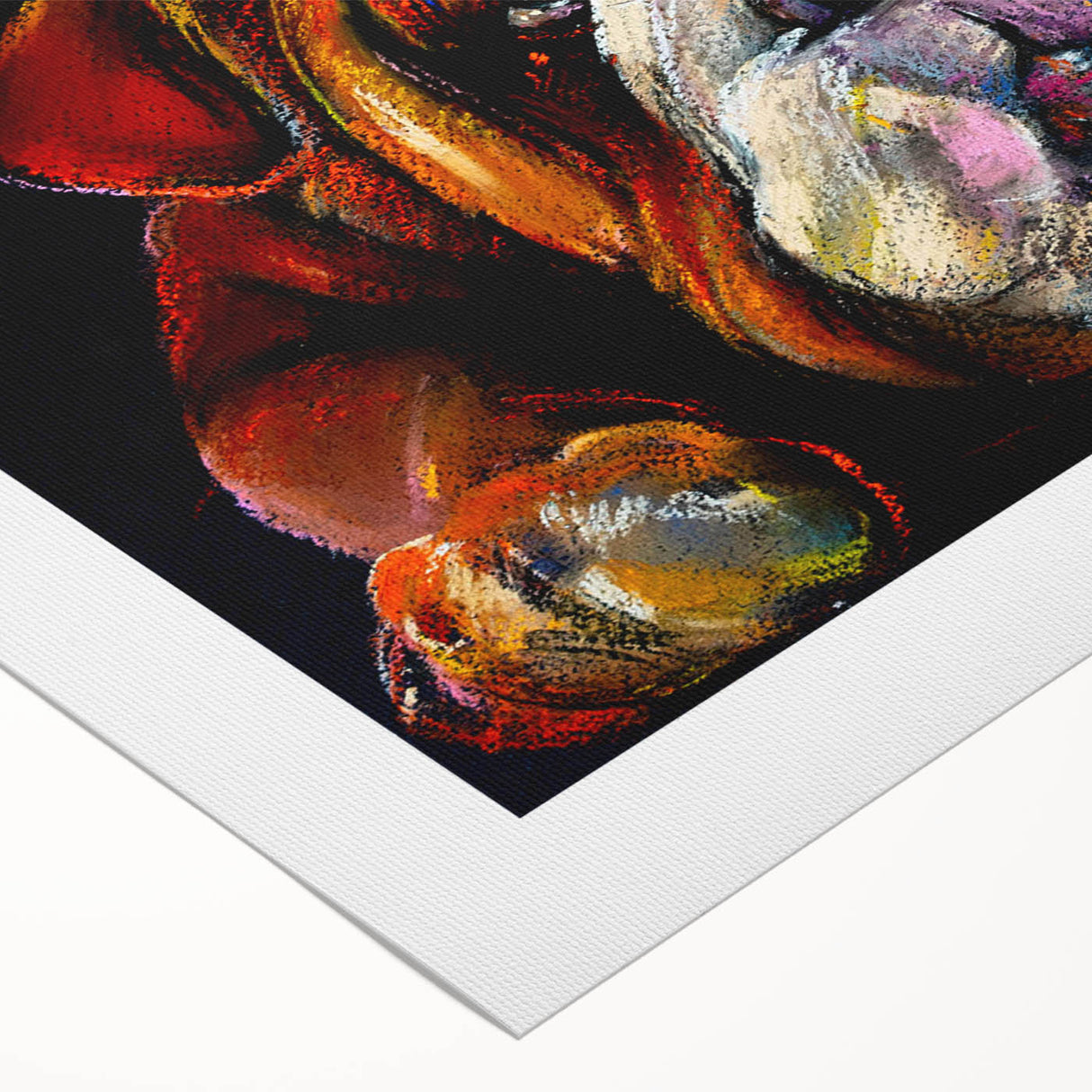 Rolled canvas wall art featuring a playful bulldog design with vibrant colors, perfect for pet lovers' home decor, showcasing a charming and whimsical style.