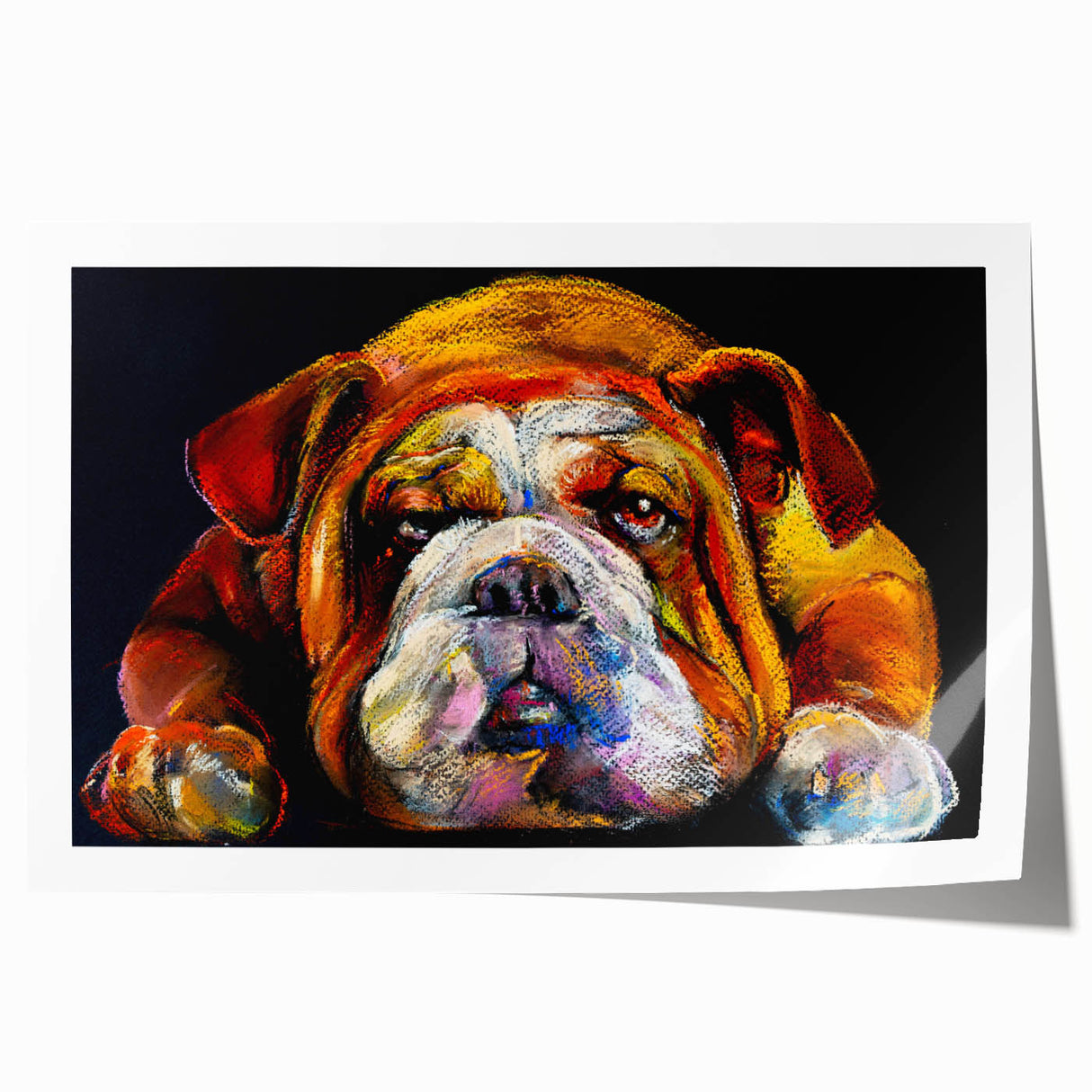 Stylish wall art print featuring a colorful bulldog design, showcasing vibrant hues and intricate details, ideal for pet lovers and home decor enthusiasts. Perfect for adding a playful touch to any room.