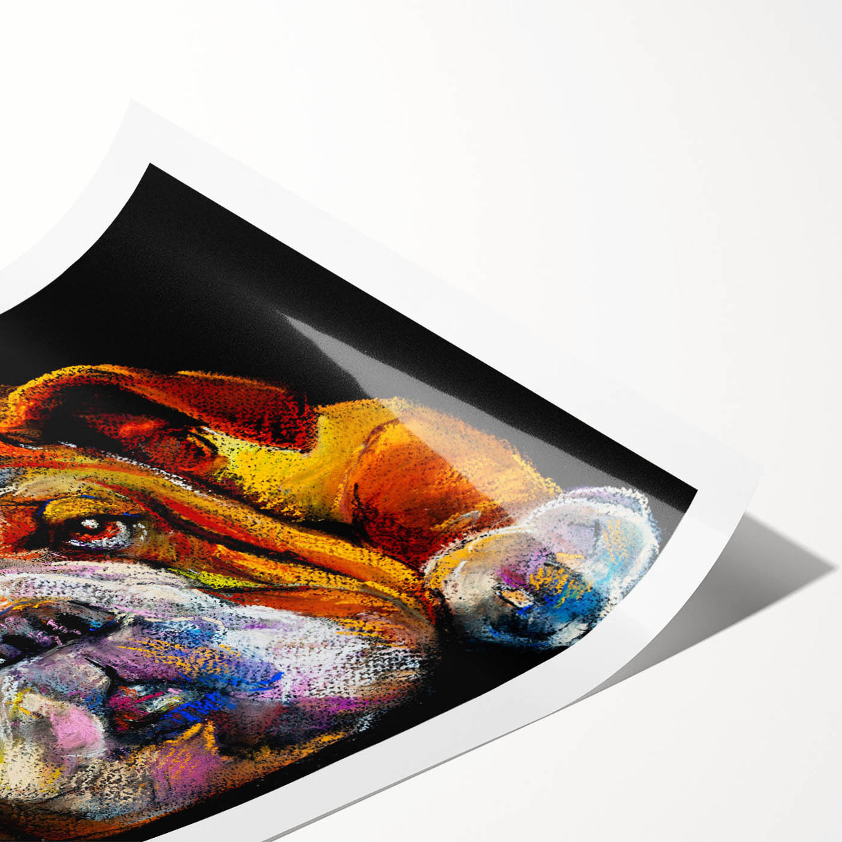 Bulldog-themed wall art print showcasing a playful and colorful design, rolled and ready for framing, perfect for dog lovers and home decor enthusiasts.