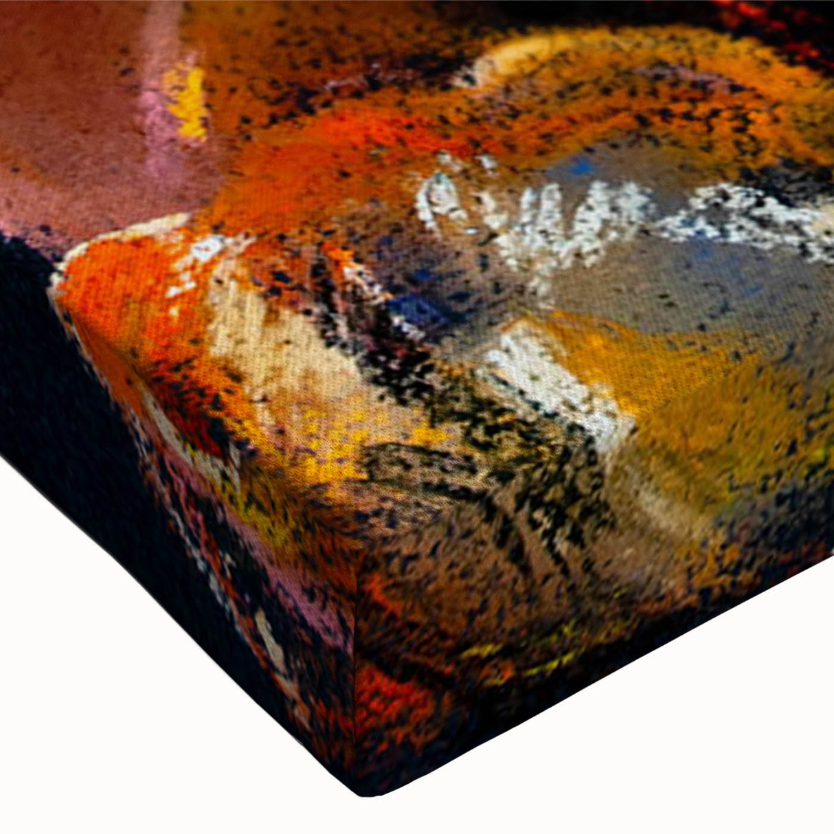 Close-up of a stretched canvas featuring a whimsical bulldog design in vibrant colors, showcasing playful details and textures, perfect for pet lovers' home decor.