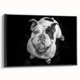 Framed wall art featuring a stylish bulldog design in a black frame, showcasing vibrant colors and intricate details, perfect for modern pet lovers' decor.