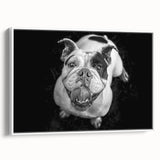 Framed wall art featuring a stylish bulldog design on a white background, showcasing a side view of the dog, perfect for pet lovers' home decor.