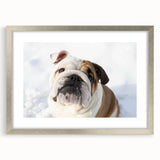 Framed wall art featuring a stylish bulldog design in a silver frame with a mat, showcasing a modern aesthetic ideal for pet lovers' home decor.