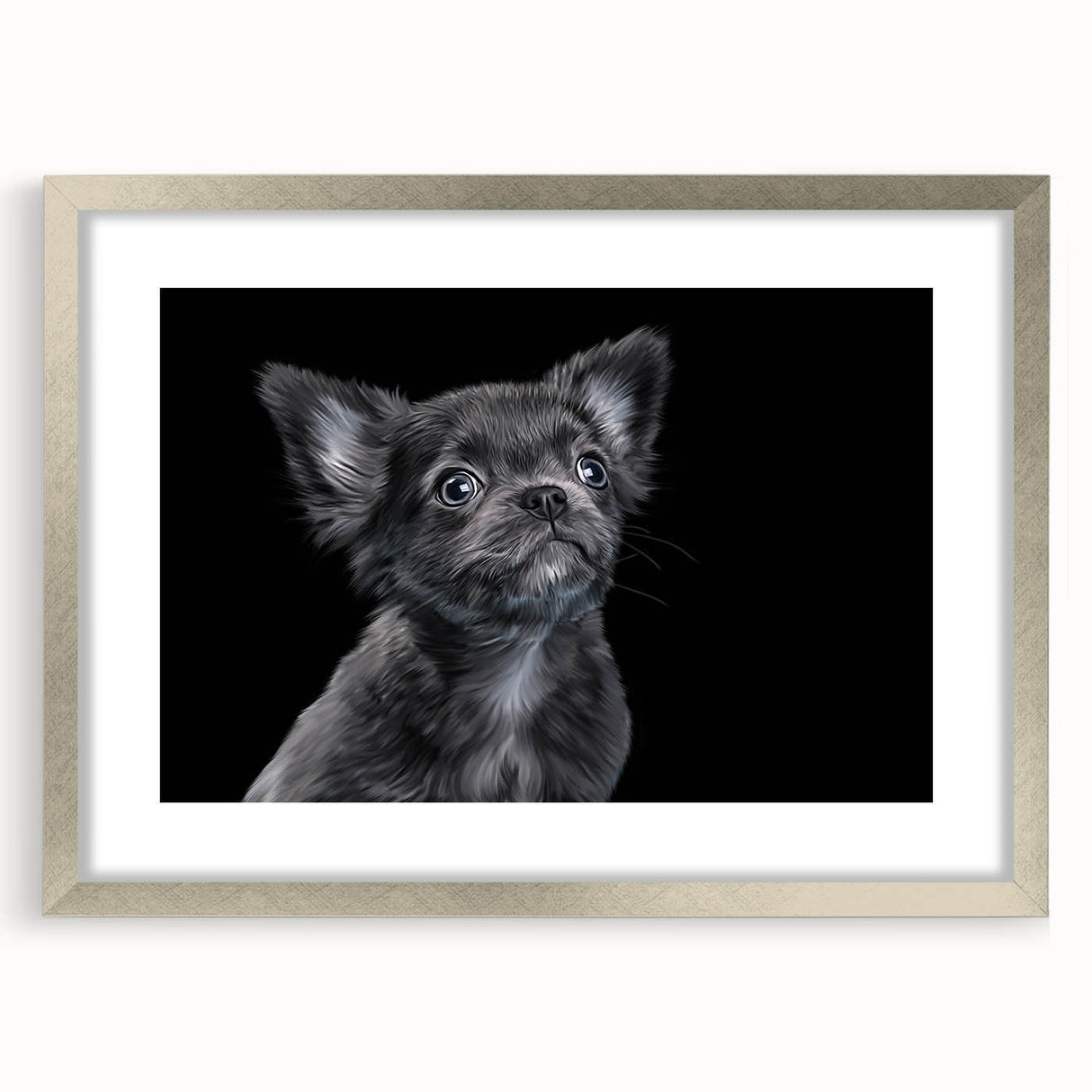 Framed wall art featuring a stylish bulldog design, presented in a sleek silver frame with a white mat, ideal for dog lovers and modern home decor.